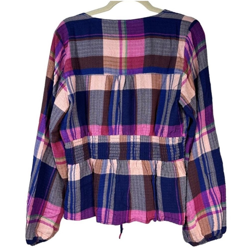 NWT Pilcro Plaid Print Blouse V-Neck Long Sleeves Smock Waist Purple Navy - Picture 5 of 5